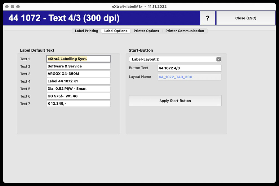 Fenster etikettendruck-software extra4-labelM1 Erfassungsmaske vordefinierte Texte
